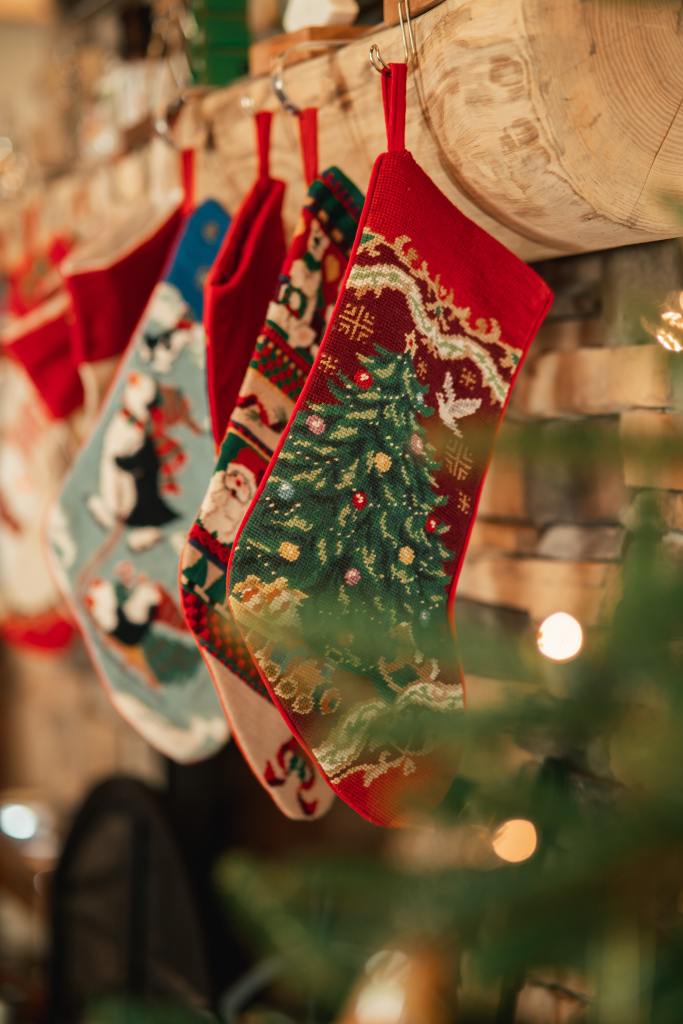 A row of embroidered Christmas stockings, hanging over a fireplace.
